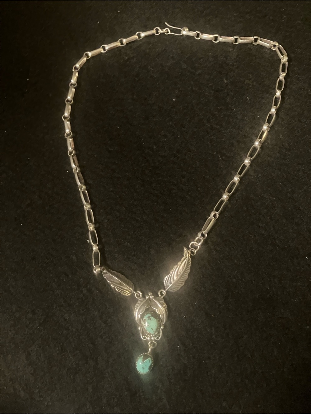 Navajo Sterling 925 Turquoise Feather V Rolo Link Chain Dangle Collar Necklace